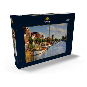 Darstellung des Puzzle Motivs Hafen im Stadtteil Delfshaven mit der Windmühle de Disteleerketel, Rotterdam 500 Puzzle Schachtel Ansicht2
