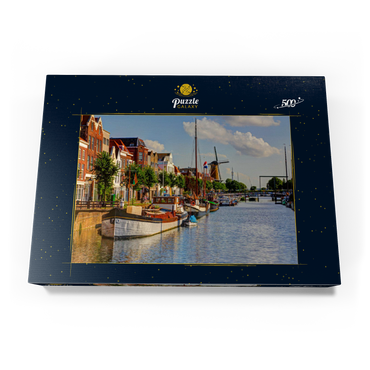 Darstellung des Puzzle Motivs Hafen im Stadtteil Delfshaven mit der Windmühle de Disteleerketel, Rotterdam 500 Puzzle Schachtel Ansicht3