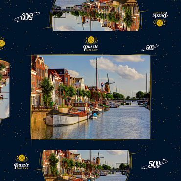 Darstellung des Puzzle Motivs Hafen im Stadtteil Delfshaven mit der Windmühle de Disteleerketel, Rotterdam 500 Puzzle Schachtel 3D Modell