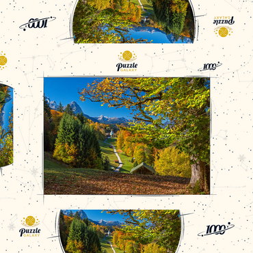 Darstellung des Puzzle Motivs Wamberg (996m), Kirche St. Anna (1721) gegen Daniel (2340m), Garmisch-Partenkirchen, Oberbayern 1000 Puzzle Schachtel 3D Modell