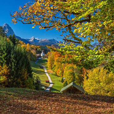 Darstellung des Puzzle Motivs Wamberg (996m), Kirche St. Anna (1721) gegen Daniel (2340m), Garmisch-Partenkirchen, Oberbayern 200 Puzzle 3D Modell