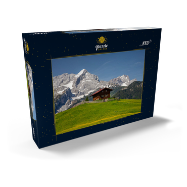 Darstellung des Puzzle Motivs Am Eckbauer (1236m) gegen Alpspitze (2628m) und Zugspitze (2962m), Garmisch-Partenkirchen 1000 Puzzle Schachtel Ansicht2
