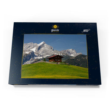 Darstellung des Puzzle Motivs Am Eckbauer (1236m) gegen Alpspitze (2628m) und Zugspitze (2962m), Garmisch-Partenkirchen 1000 Puzzle Schachtel Ansicht3
