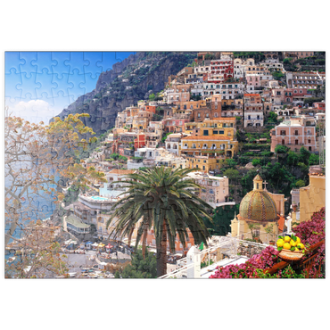 Darstellung des Puzzle Motivs puzzleplate Blick auf den Strand und Ort Positano, Halbinsel von Sorrent, Italien 200 Puzzle
