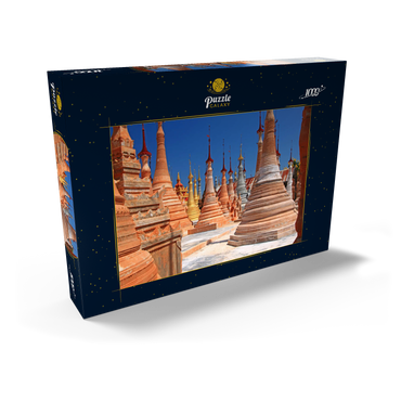 Darstellung des Puzzle Motivs Pagodenwald von Stupas der Shwe-Indein-Pagode beim Dorf Indein am Inle See, Shan Staat, Myanmar (Burma) 1000 Puzzle Schachtel Ansicht2