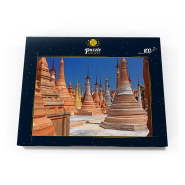 Darstellung des Puzzle Motivs Pagodenwald von Stupas der Shwe-Indein-Pagode beim Dorf Indein am Inle See, Shan Staat, Myanmar (Burma) 100 Puzzle Schachtel Ansicht3
