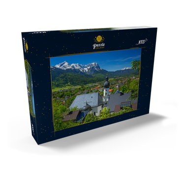 Darstellung des Puzzle Motivs Kirche St. Anton gegen Zugspitzgruppe (2962m) und Daniel (2342m) in Tirol 1000 Puzzle Schachtel Ansicht2