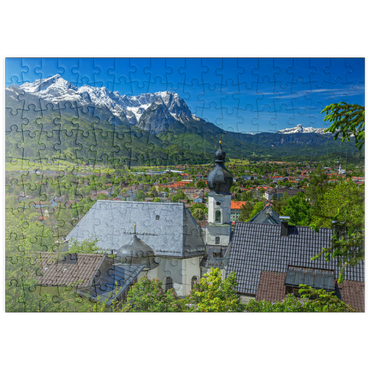 Darstellung des Puzzle Motivs puzzleplate Kirche St. Anton gegen Zugspitzgruppe (2962m) und Daniel (2342m) in Tirol 200 Puzzle