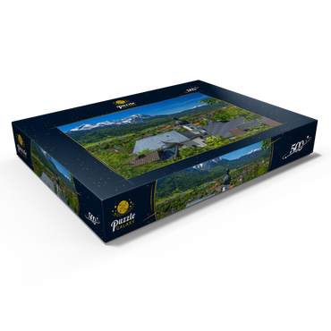 Darstellung des Puzzle Motivs Kirche St. Anton gegen Zugspitzgruppe (2962m) und Daniel (2342m) in Tirol 500 Puzzle Schachtel Ansicht1