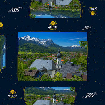 Darstellung des Puzzle Motivs Kirche St. Anton gegen Zugspitzgruppe (2962m) und Daniel (2342m) in Tirol 500 Puzzle Schachtel 3D Modell