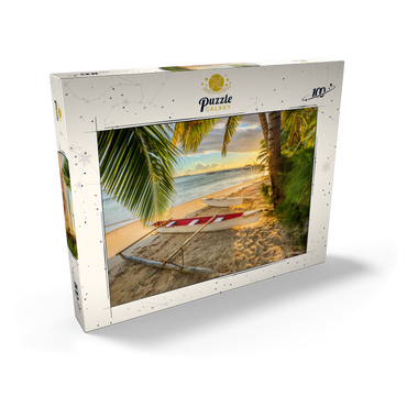 Darstellung des Puzzle Motivs Palmenstrand am Hotel Les Tipaniers am Hauru Point, Insel Moorea 100 Puzzle Schachtel Ansicht2