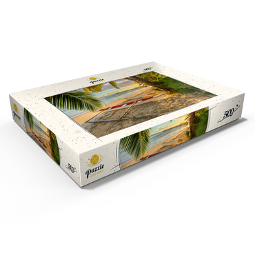 Darstellung des Puzzle Motivs Palmenstrand am Hotel Les Tipaniers am Hauru Point, Insel Moorea 500 Puzzle Schachtel Ansicht1