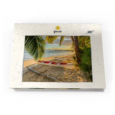Darstellung des Puzzle Motivs Palmenstrand am Hotel Les Tipaniers am Hauru Point, Insel Moorea 500 Puzzle Schachtel Ansicht3