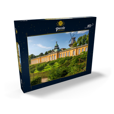 Darstellung des Puzzle Motivs Rokokopalast Neue Kammern mit der Windmühle im Schlosspark von Potsdam 100 Puzzle Schachtel Ansicht2