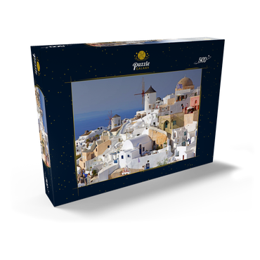 Darstellung des Puzzle Motivs Ort mit Windmühlen, Oia, Insel Santorin, Kykladen, Griechenland 500 Puzzle Schachtel Ansicht2