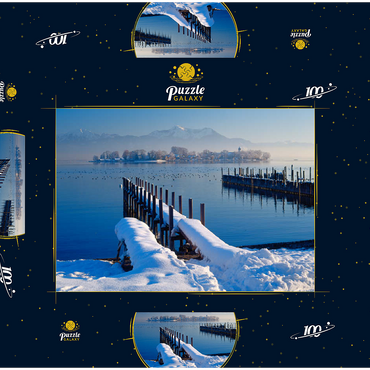 Darstellung des Puzzle Motivs Bootsanleger in Gstadt am Chiemsee mit Blick zur Fraueninsel gegen Hochgern 100 Puzzle Schachtel 3D Modell