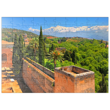 Darstellung des Puzzle Motivs puzzleplate Blick von der Alcazaba der Alhambra zur Sierra Nevada, Granada, Andalusien, Spanien 100 Puzzle
