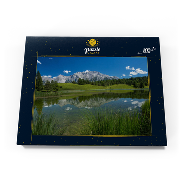 Darstellung des Puzzle Motivs Wildensee gegen Karwendelgebirge (2385m), Mittenwald, Oberbayern 100 Puzzle Schachtel Ansicht3