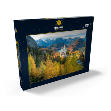 Darstellung des Puzzle Motivs Schloss Neuschwanstein und Schloss Hohenschwangau mit Alpsee und Tannheimer Gebirge 100 Puzzle Schachtel Ansicht2