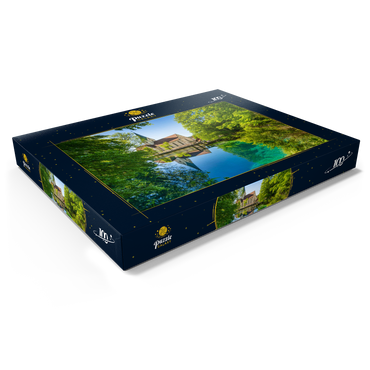 Darstellung des Puzzle Motivs Klosterkirche am Blautopf, eine Karstquelle in Blaubeuren, Alb-Donau-Kreis 100 Puzzle Schachtel Ansicht1