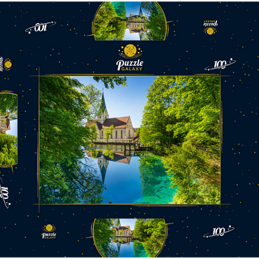 Darstellung des Puzzle Motivs Klosterkirche am Blautopf, eine Karstquelle in Blaubeuren, Alb-Donau-Kreis 100 Puzzle Schachtel 3D Modell