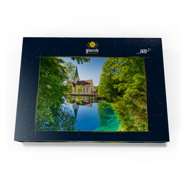 Darstellung des Puzzle Motivs Klosterkirche am Blautopf, eine Karstquelle in Blaubeuren, Alb-Donau-Kreis 500 Puzzle Schachtel Ansicht3