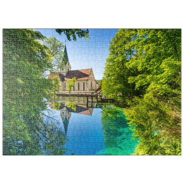 Darstellung des Puzzle Motivs puzzleplate Klosterkirche am Blautopf, eine Karstquelle in Blaubeuren, Alb-Donau-Kreis 500 Puzzle
