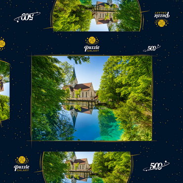 Darstellung des Puzzle Motivs Klosterkirche am Blautopf, eine Karstquelle in Blaubeuren, Alb-Donau-Kreis 500 Puzzle Schachtel 3D Modell
