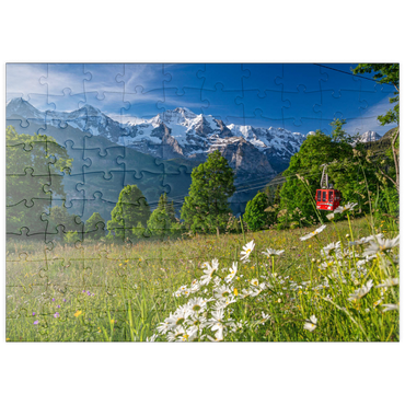 Darstellung des Puzzle Motivs puzzleplate Isenfluh, Weiler Sulwald Bergstation der Seilbahn gegen Eiger, Mönch und Jungfrau 100 Puzzle