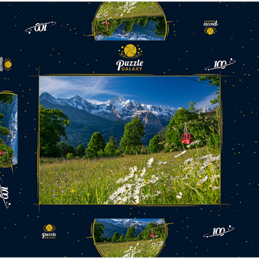 Darstellung des Puzzle Motivs Isenfluh, Weiler Sulwald Bergstation der Seilbahn gegen Eiger, Mönch und Jungfrau 100 Puzzle Schachtel 3D Modell