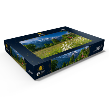 Darstellung des Puzzle Motivs Isenfluh, Weiler Sulwald Bergstation der Seilbahn gegen Eiger, Mönch und Jungfrau 500 Puzzle Schachtel Ansicht1