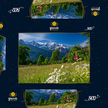 Darstellung des Puzzle Motivs Isenfluh, Weiler Sulwald Bergstation der Seilbahn gegen Eiger, Mönch und Jungfrau 500 Puzzle Schachtel 3D Modell