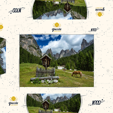 Darstellung des Puzzle Motivs Marterl am Rechten Leger gegen Grasleitengruppe und Valbonagruppe, Trentino-Südtirol, Italien 1000 Puzzle Schachtel 3D Modell