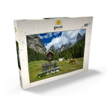 Darstellung des Puzzle Motivs Marterl am Rechten Leger gegen Grasleitengruppe und Valbonagruppe, Trentino-Südtirol, Italien 100 Puzzle Schachtel Ansicht2