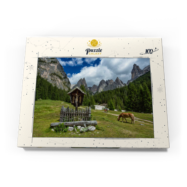 Darstellung des Puzzle Motivs Marterl am Rechten Leger gegen Grasleitengruppe und Valbonagruppe, Trentino-Südtirol, Italien 100 Puzzle Schachtel Ansicht3