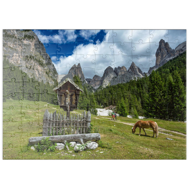 Darstellung des Puzzle Motivs puzzleplate Marterl am Rechten Leger gegen Grasleitengruppe und Valbonagruppe, Trentino-Südtirol, Italien 100 Puzzle