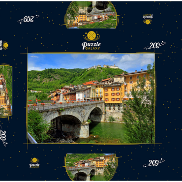 Darstellung des Puzzle Motivs Brücke in der Altstadt über den Sesia mit Blick zum Sacro Monte di Varallo im Valsesia, Italien 200 Puzzle Schachtel 3D Modell