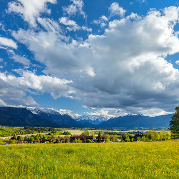 Darstellung des Puzzle Motivs Blick über den Ortsteil Hagen über das Murnauer Moos zum Wettersteingebirge im Frühling 1000 Puzzle 3D Modell