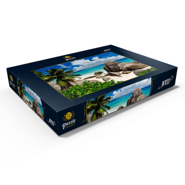 Darstellung des Puzzle Motivs Granitfelsen am Carana Beach in der Carana Bay, Nordspitze der Insel Mahe, Seychellen 1000 Puzzle Schachtel Ansicht1