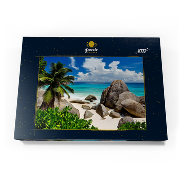 Darstellung des Puzzle Motivs Granitfelsen am Carana Beach in der Carana Bay, Nordspitze der Insel Mahe, Seychellen 1000 Puzzle Schachtel Ansicht3