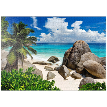 Darstellung des Puzzle Motivs puzzleplate Granitfelsen am Carana Beach in der Carana Bay, Nordspitze der Insel Mahe, Seychellen 1000 Puzzle