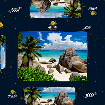Darstellung des Puzzle Motivs Granitfelsen am Carana Beach in der Carana Bay, Nordspitze der Insel Mahe, Seychellen 1000 Puzzle Schachtel 3D Modell