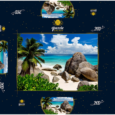 Darstellung des Puzzle Motivs Granitfelsen am Carana Beach in der Carana Bay, Nordspitze der Insel Mahe, Seychellen 200 Puzzle Schachtel 3D Modell