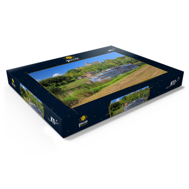 Darstellung des Puzzle Motivs Ausflugsschiff auf der Weser mit Blick zur Burgruine, Polle, Niedersachsen, Deutschland 100 Puzzle Schachtel Ansicht1