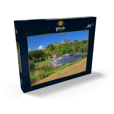 Darstellung des Puzzle Motivs Ausflugsschiff auf der Weser mit Blick zur Burgruine, Polle, Niedersachsen, Deutschland 100 Puzzle Schachtel Ansicht2