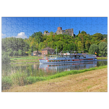 Darstellung des Puzzle Motivs puzzleplate Ausflugsschiff auf der Weser mit Blick zur Burgruine, Polle, Niedersachsen, Deutschland 200 Puzzle