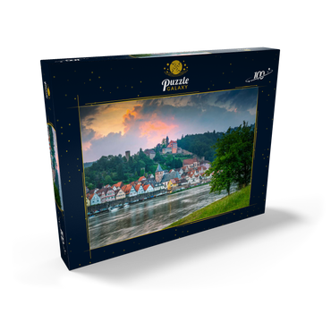 Darstellung des Puzzle Motivs Historischer Ortskern mit Burg Hirschhorn am Abend 100 Puzzle Schachtel Ansicht2