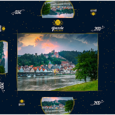 Darstellung des Puzzle Motivs Historischer Ortskern mit Burg Hirschhorn am Abend 200 Puzzle Schachtel 3D Modell