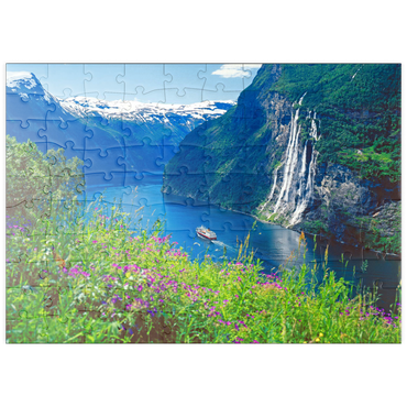Darstellung des Puzzle Motivs puzzleplate Geiranger Fjord und Sieben Schwestern Wasserfall, Mittelnorwegen, Norwegen 100 Puzzle