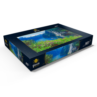Darstellung des Puzzle Motivs Geiranger Fjord und Sieben Schwestern Wasserfall, Mittelnorwegen, Norwegen 500 Puzzle Schachtel Ansicht1